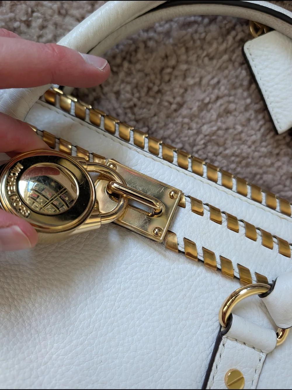 Michael Kors White Gold Hamilton Whipped Leather Satchel Handbag Purse